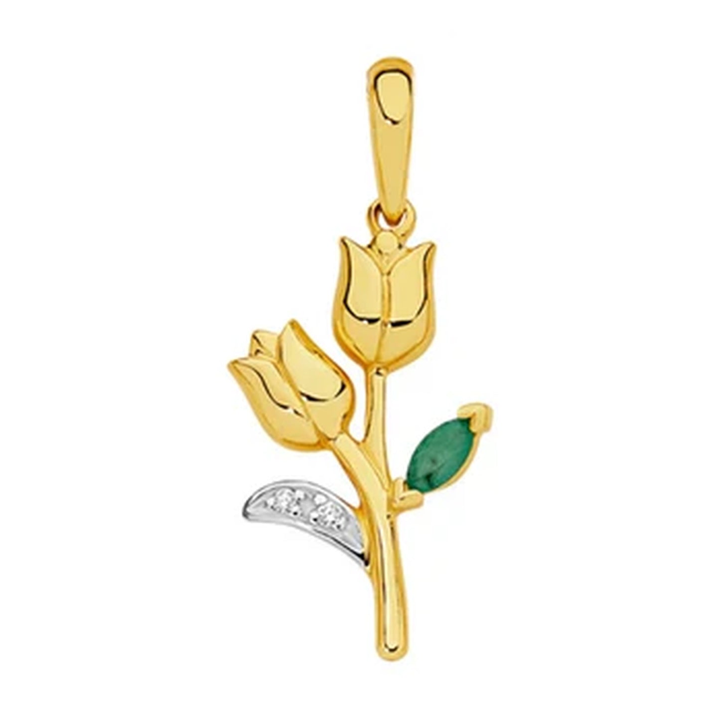 9ct Gold Natural Emerald & Diamond Tulip Flower Pendant