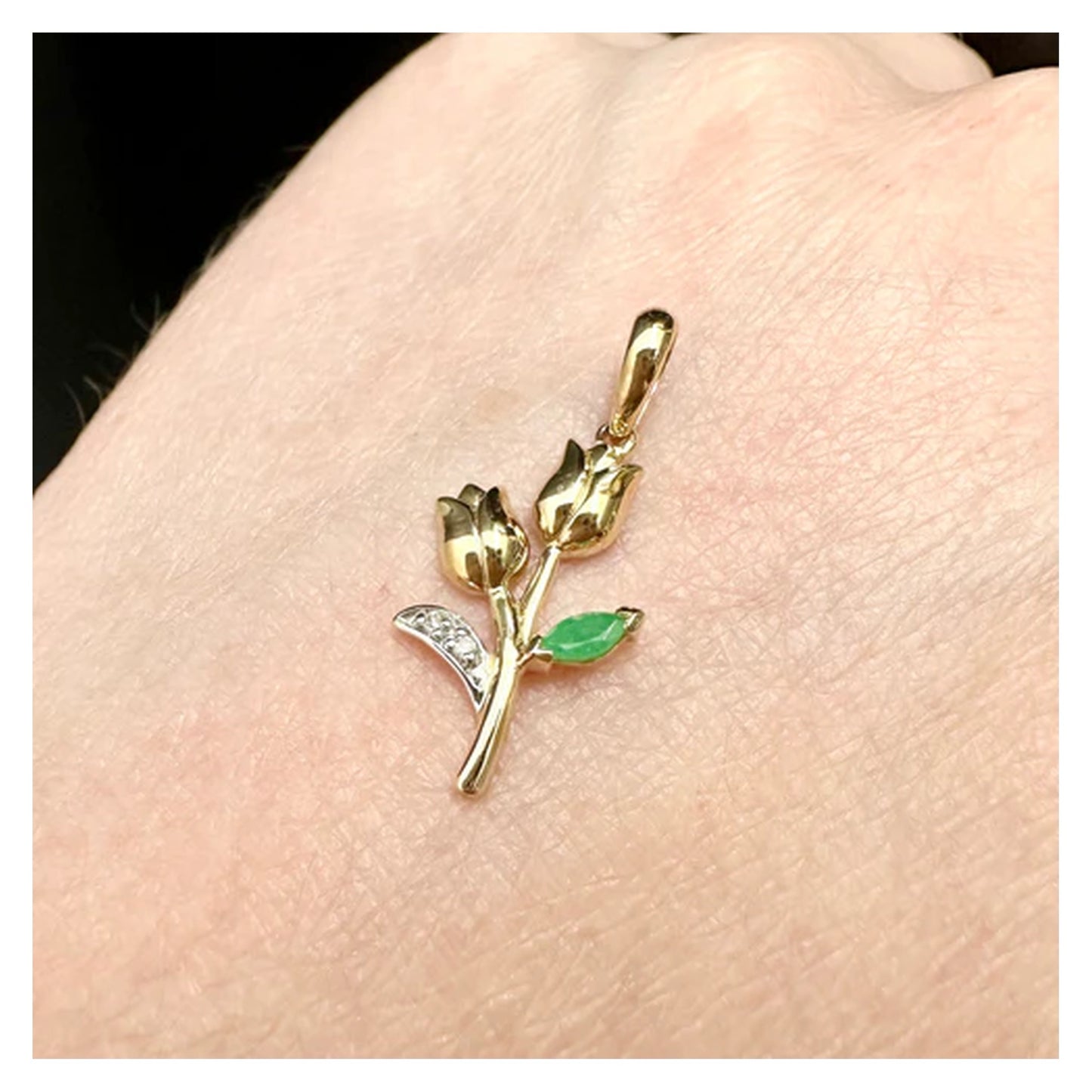 9ct Gold Natural Emerald & Diamond Tulip Flower Pendant