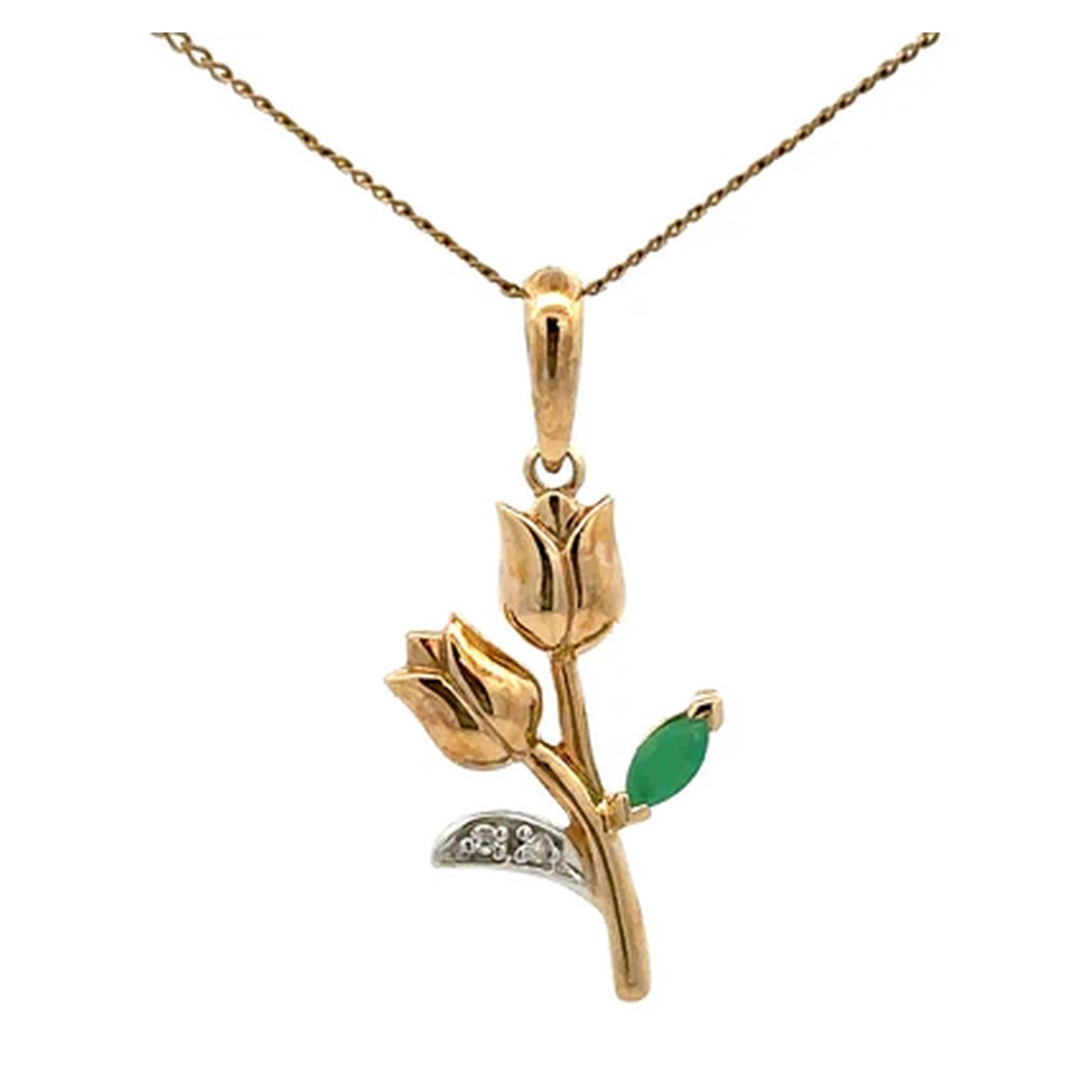 9ct Gold Natural Emerald & Diamond Tulip Flower Pendant