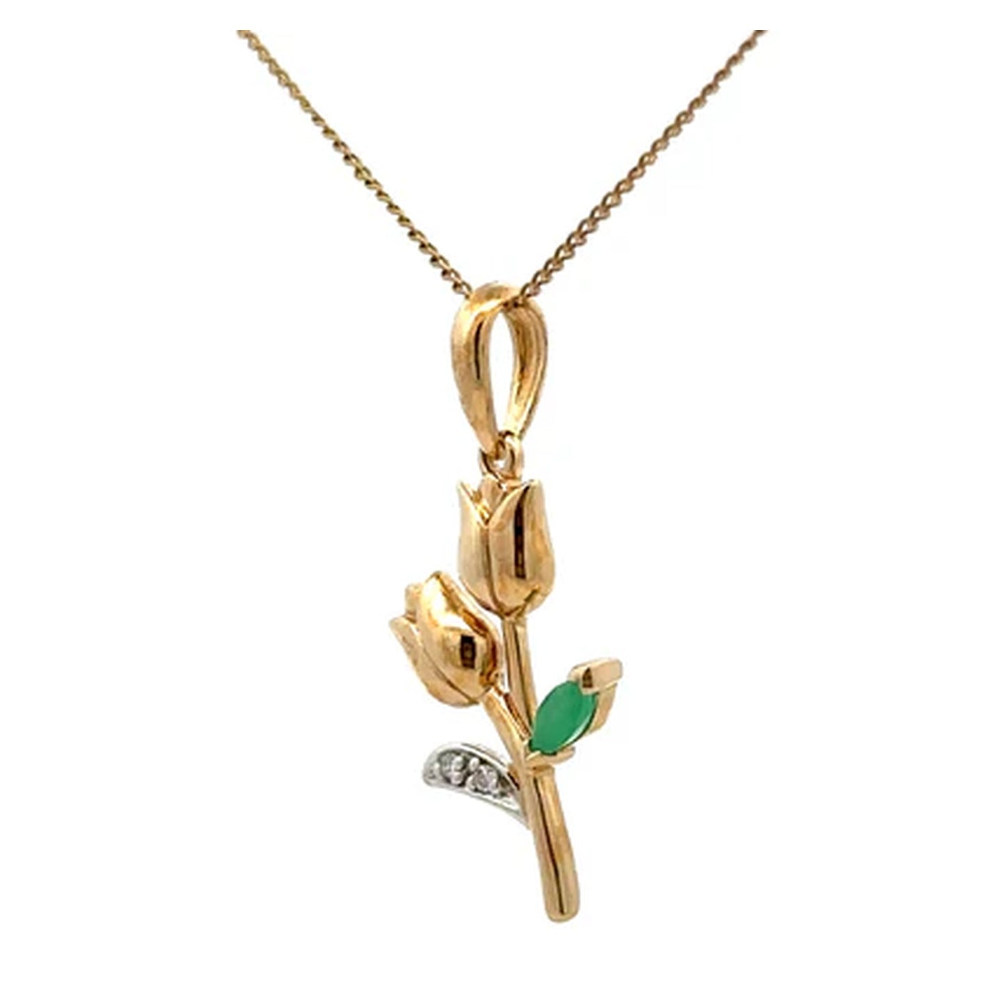 9ct Gold Natural Emerald & Diamond Tulip Flower Pendant