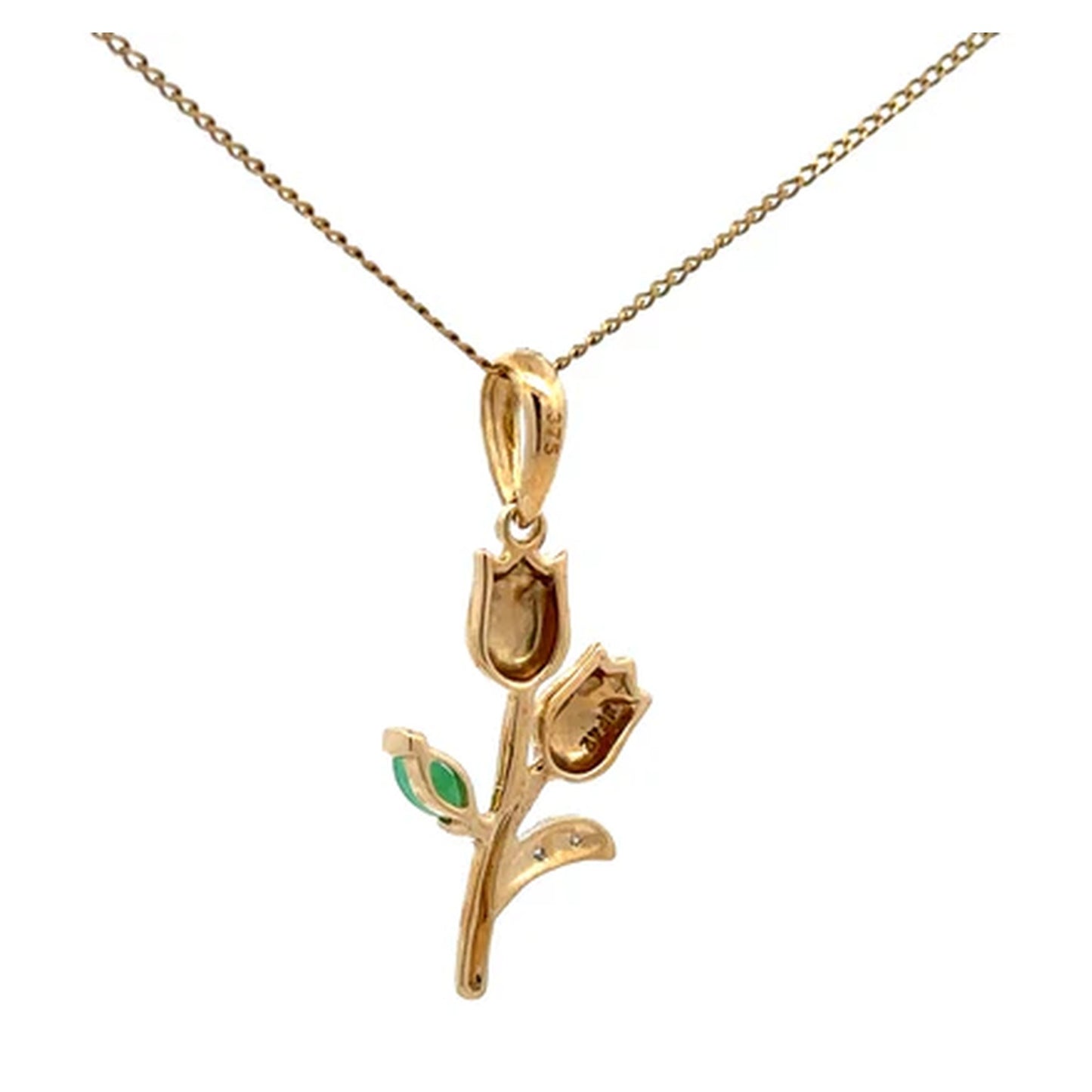 9ct Gold Natural Emerald & Diamond Tulip Flower Pendant